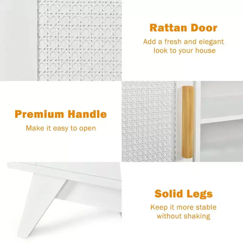 Meuble TV Costway – Console multimédia avec 2 placards en rotin et étagères ouvertes