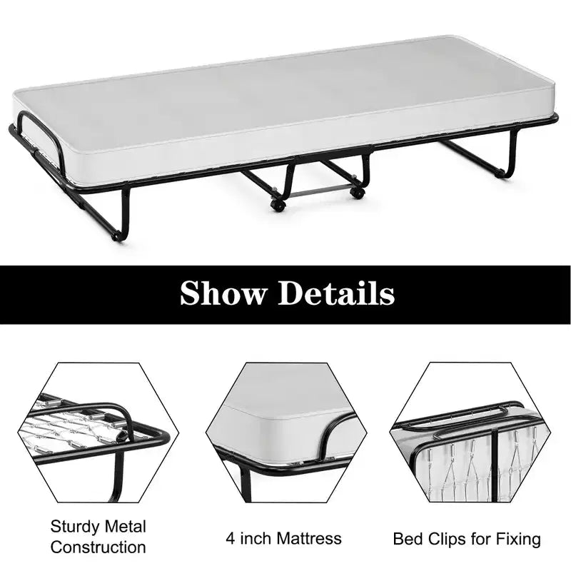 Lit pliant en métal Costway avec matelas en mousse à mémoire de forme, lit d'appoint, fabriqué en Italie