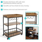 Chariot de bar roulant d'intérieur Sunnydaze à 3 niveaux de style industriel rustique avec porte-bouteilles et porte-verres