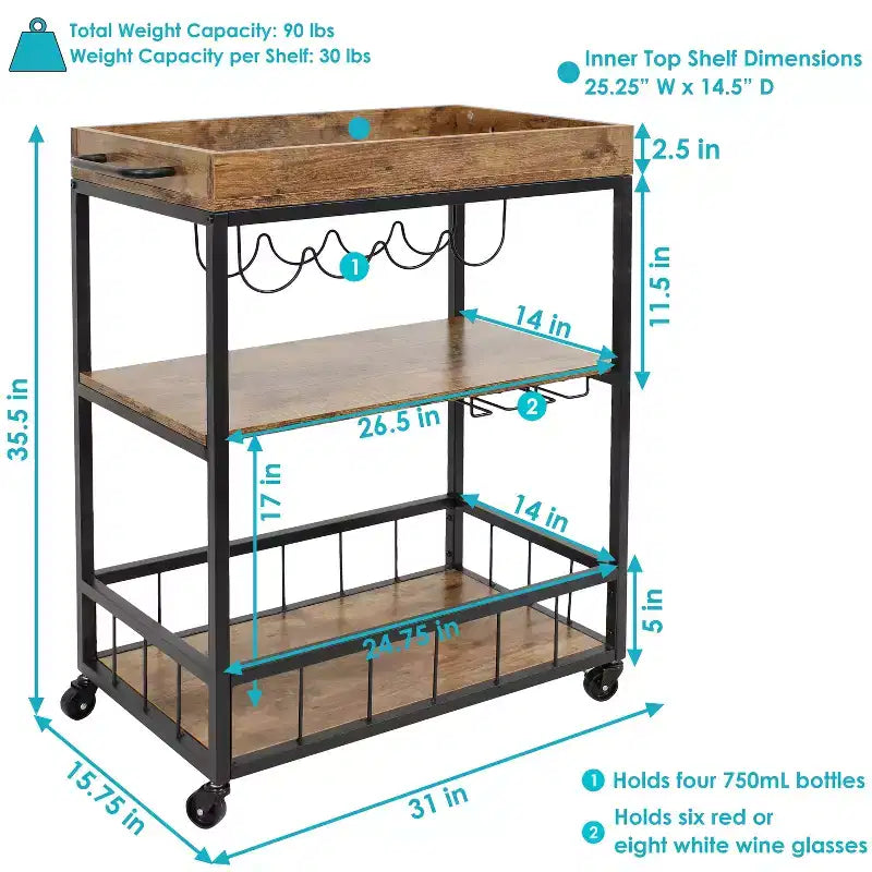 Chariot de bar roulant d'intérieur Sunnydaze à 3 niveaux de style industriel rustique avec porte-bouteilles et porte-verres