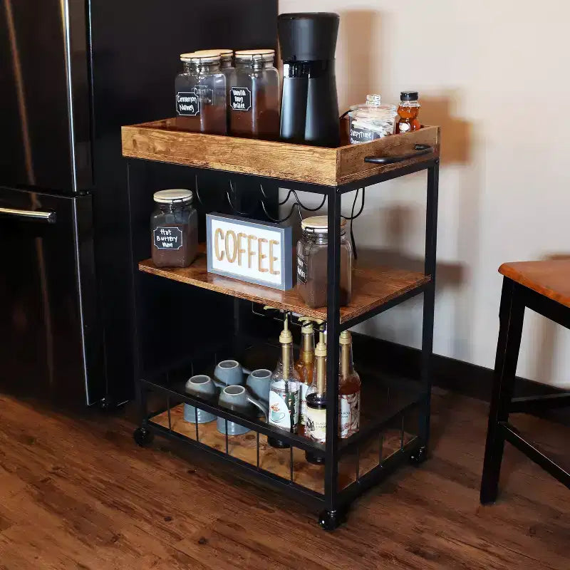 Chariot de bar roulant d'intérieur Sunnydaze à 3 niveaux de style industriel rustique avec porte-bouteilles et porte-verres