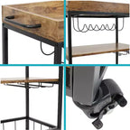 Chariot de bar roulant d'intérieur Sunnydaze à 3 niveaux de style industriel rustique avec porte-bouteilles et porte-verres