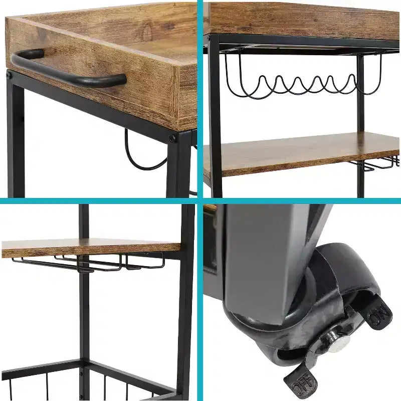 Chariot de bar roulant d'intérieur Sunnydaze à 3 niveaux de style industriel rustique avec porte-bouteilles et porte-verres
