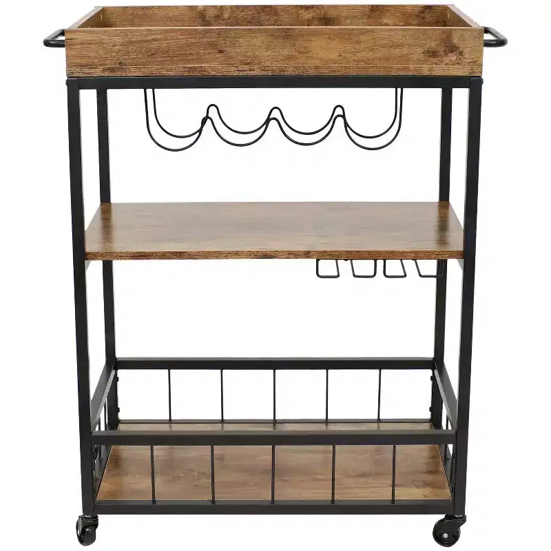 Chariot de bar roulant d'intérieur Sunnydaze à 3 niveaux de style industriel rustique avec porte-bouteilles et porte-verres
