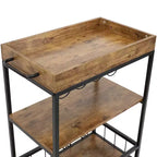 Chariot de bar roulant d'intérieur Sunnydaze à 3 niveaux de style industriel rustique avec porte-bouteilles et porte-verres