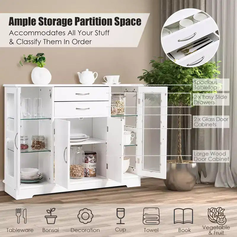 Buffet de rangement Costway, meuble console avec tiroirs et porte vitrée pour cuisine ou salle à manger