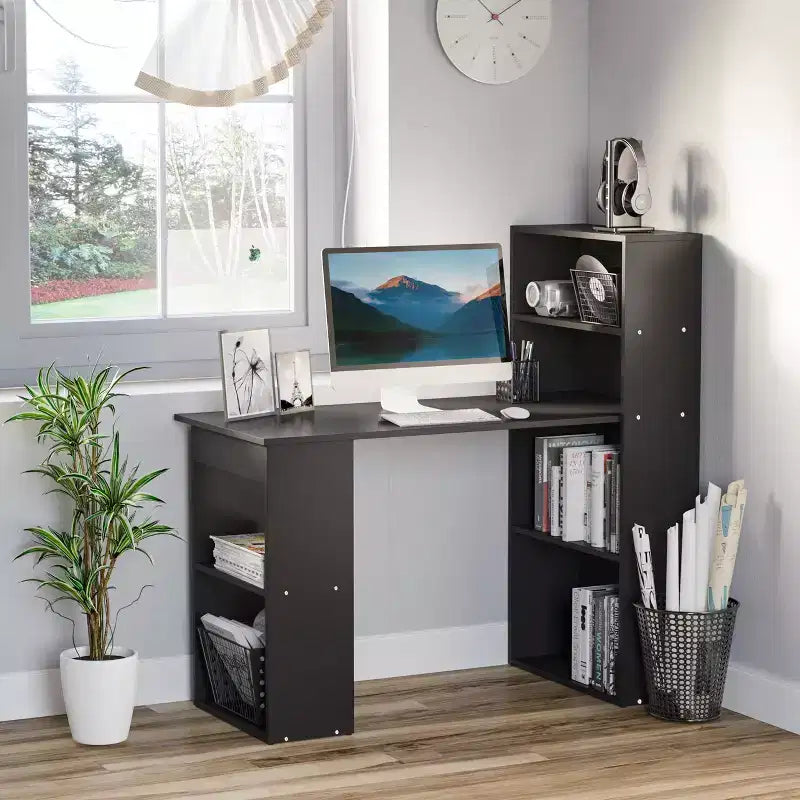Bureau d'ordinateur moderne compact HOMCOM avec 6 étagères de rangement, table d'écriture et station de travail avec bibliothèque pour bureau à domicile