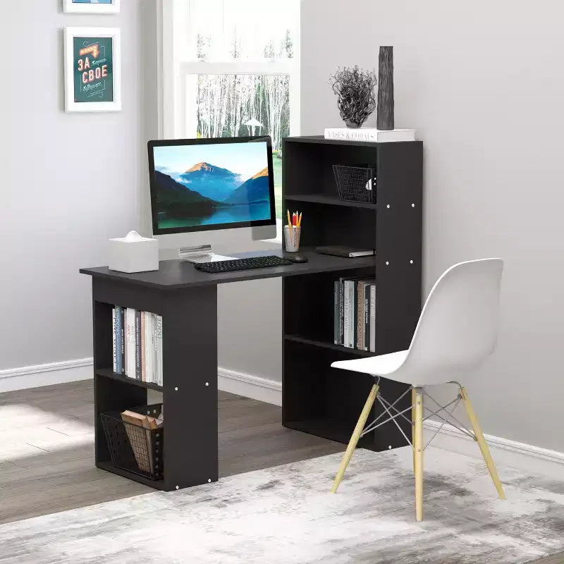 Bureau d'ordinateur moderne compact HOMCOM avec 6 étagères de rangement, table d'écriture et station de travail avec bibliothèque pour bureau à domicile