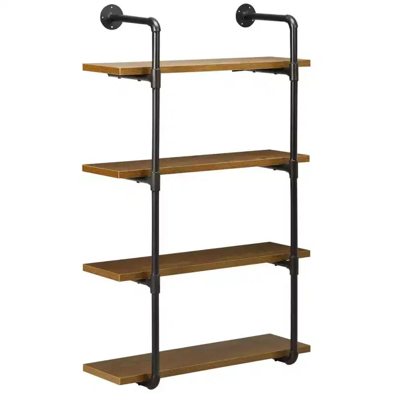 HOMCOM 4-Tier Industrial Pipe Shelves Floating Wall Mounted Bookshelf, Metal Frame Display Rack, 1 Thickness Shelving Unit Kitchen, Bar, Brown