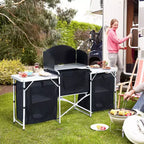 Table de cuisine de camping portable pliable en aluminium Outsunny avec pare-vent et 3 placards fermés pour barbecue, fête, pique-niques, jardins