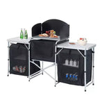 Table de cuisine de camping portable pliable en aluminium Outsunny avec pare-vent et 3 placards fermés pour barbecue, fête, pique-niques, jardins