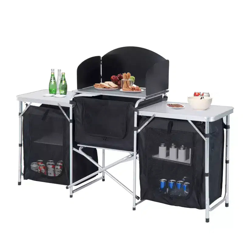 Table de cuisine de camping portable pliable en aluminium Outsunny avec pare-vent et 3 placards fermés pour barbecue, fête, pique-niques, jardins