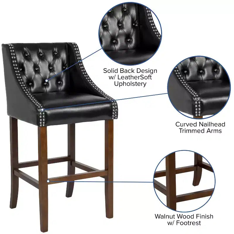 Tabouret de bar Merrick Lane 30 po de hauteur, rembourré, style transitionnel, capitonné avec garniture cloutée décorative