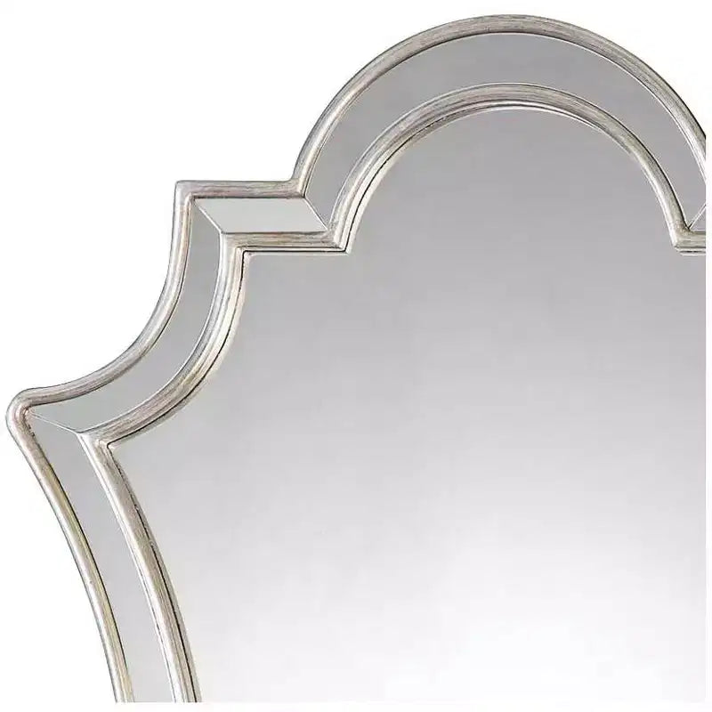 Miroir décoratif mural en forme de trèfle à quatre feuilles avec dessus arqué, cadre miroir argent vieilli vintage, 68,5 cm de large, pour salle de bain ou chambre à coucher