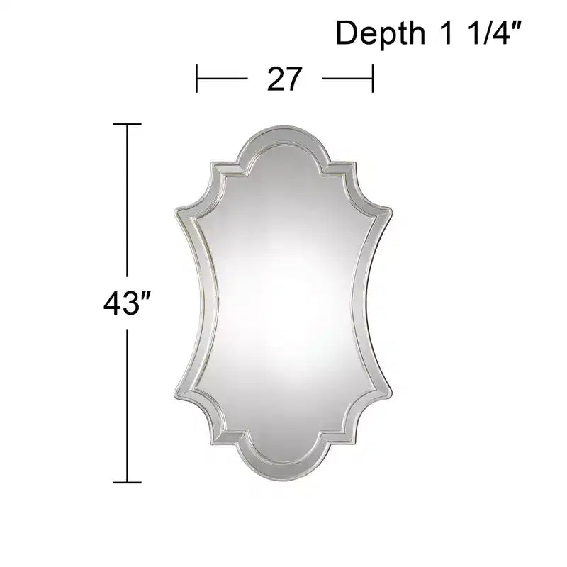 Miroir décoratif mural en forme de trèfle à quatre feuilles avec dessus arqué, cadre miroir argent vieilli vintage, 68,5 cm de large, pour salle de bain ou chambre à coucher