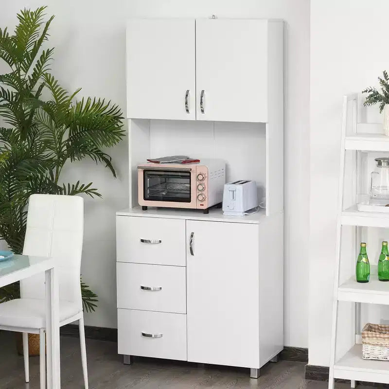 HOMCOM Armoire de cuisine autoportante, buffet avec huche de rangement avec 2 armoires à portes, 3 tiroirs et comptoir ouvert, étagère réglable, blanc