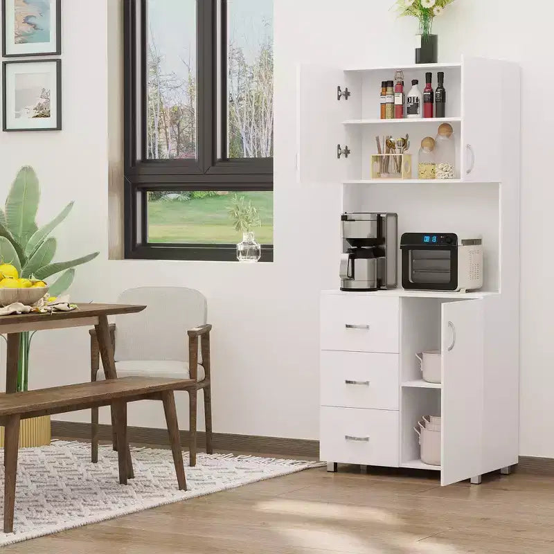 HOMCOM Armoire de cuisine autoportante, buffet avec huche de rangement avec 2 armoires à portes, 3 tiroirs et comptoir ouvert, étagère réglable, blanc