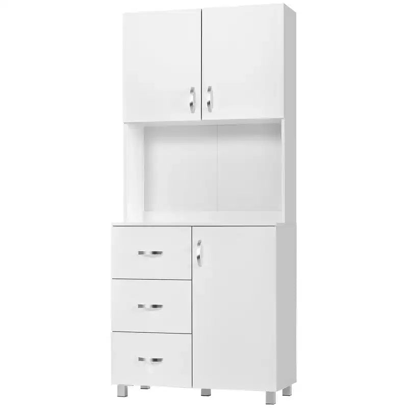 HOMCOM Armoire de cuisine autoportante, buffet avec huche de rangement avec 2 armoires à portes, 3 tiroirs et comptoir ouvert, étagère réglable, blanc