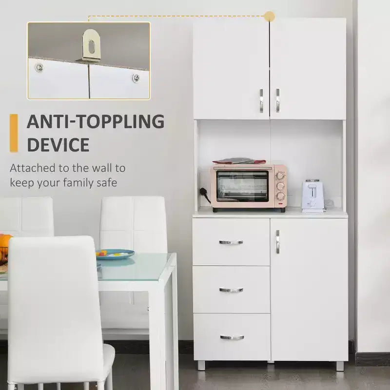 HOMCOM Armoire de cuisine autoportante, buffet avec huche de rangement avec 2 armoires à portes, 3 tiroirs et comptoir ouvert, étagère réglable, blanc