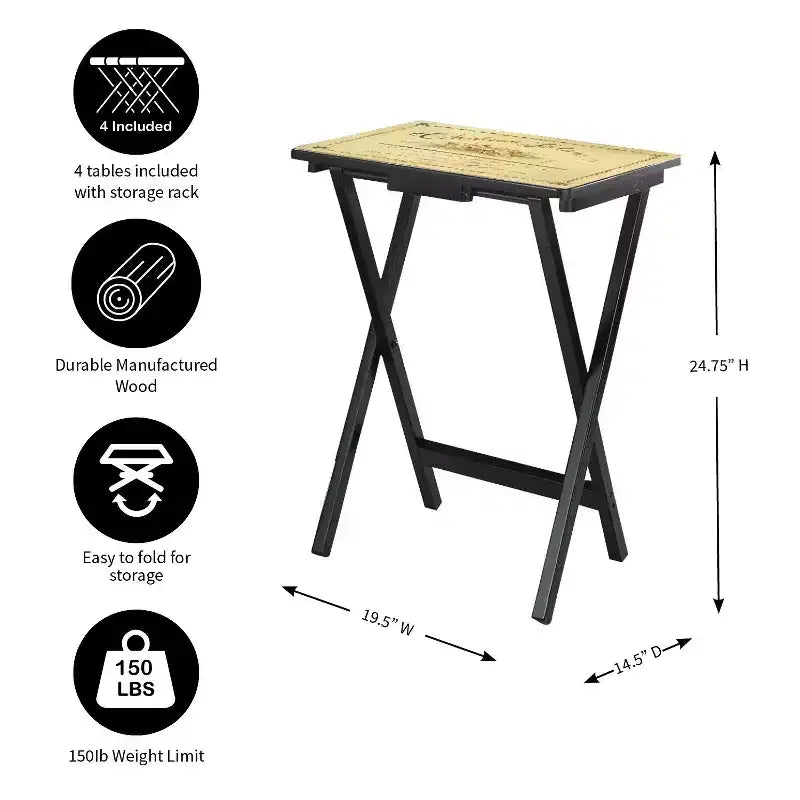Ensemble de 4 tables de service TV Evergreen Wine Label, plateaux de canapé pliables rectangulaires, tables d'appoint décoratives faciles à ranger pour les activités à la maison
