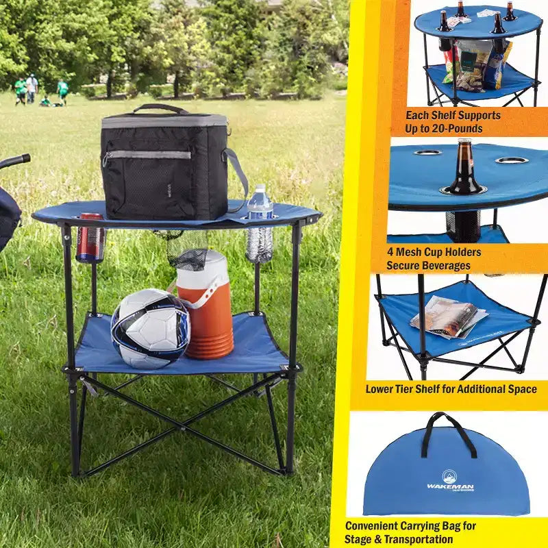 Table de camping pliable à 2 niveaux Leisure Sports avec porte-gobelets et sac de transport - Bleue