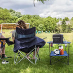 Table de camping pliable à 2 niveaux Leisure Sports avec porte-gobelets et sac de transport - Bleue