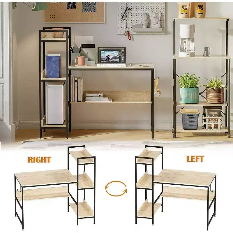 Bureau d'ordinateur Bestier avec étagères de rangement latérales et crochet, Chêne
