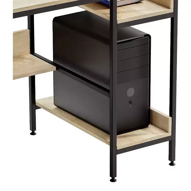 Bureau d'ordinateur Bestier avec étagères de rangement latérales et crochet, Chêne