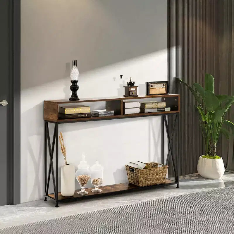 Table console Costway avec étagère ouverte et compartiments de rangement, cadre en acier