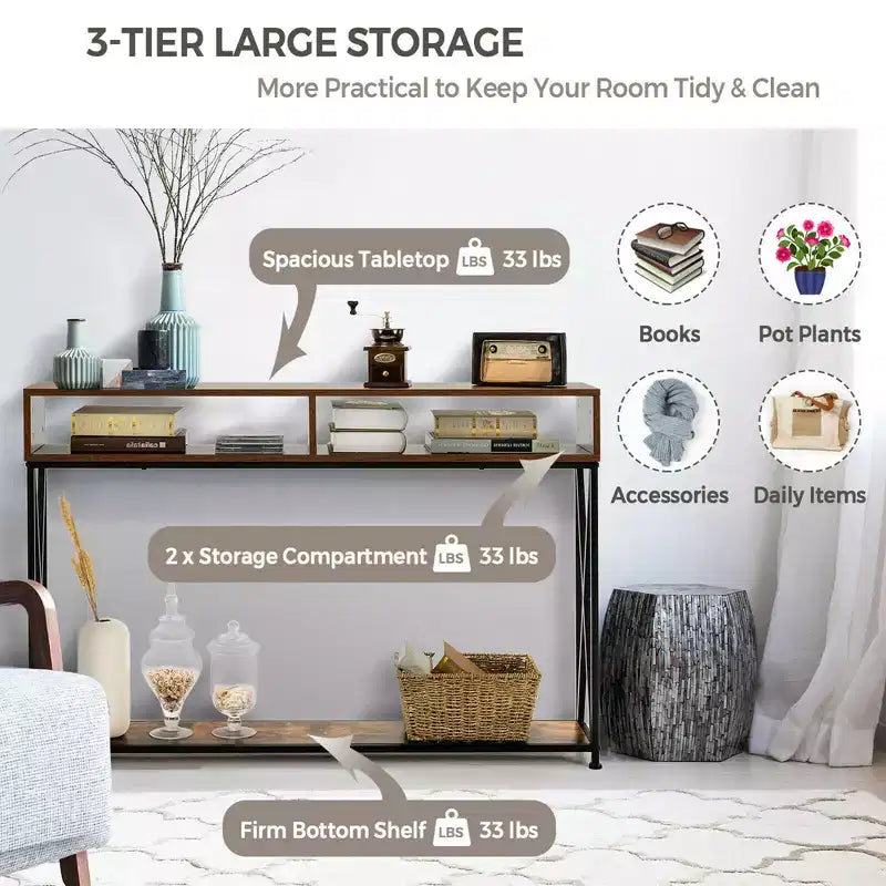 Table console Costway avec étagère ouverte et compartiments de rangement, cadre en acier