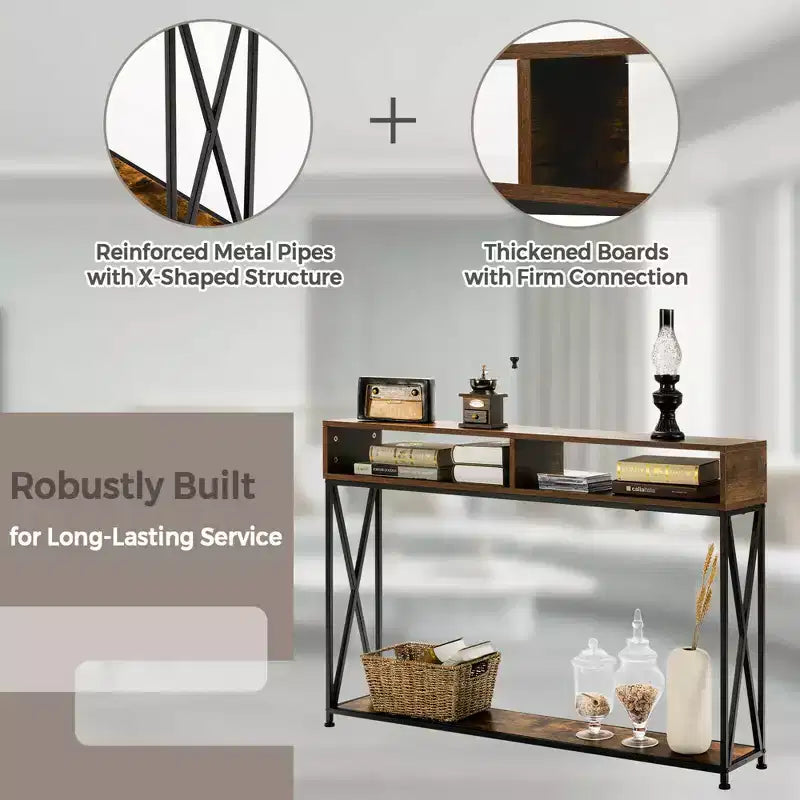 Table console Costway avec étagère ouverte et compartiments de rangement, cadre en acier