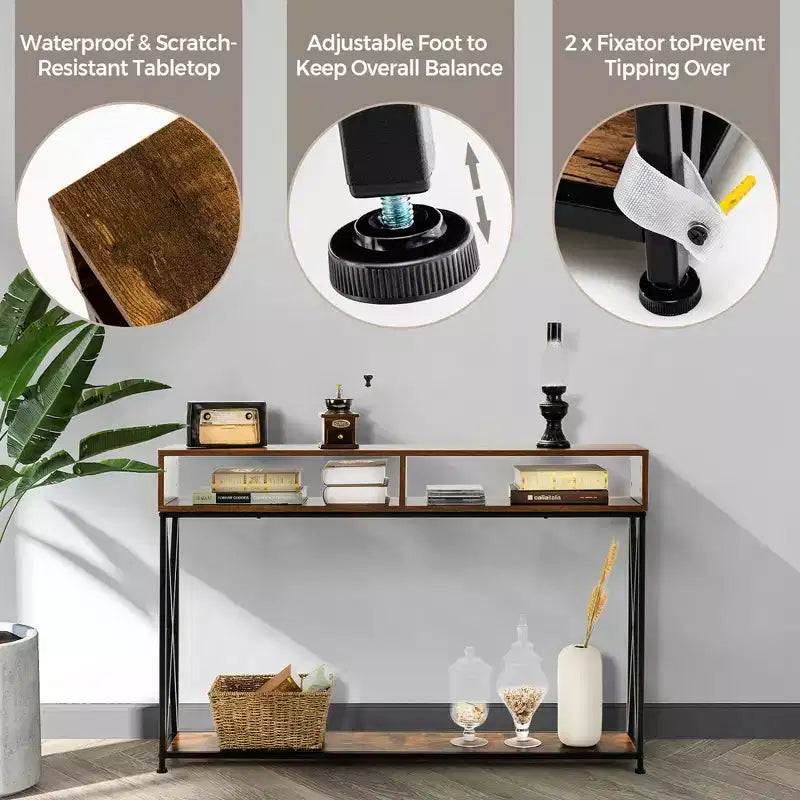 Table console Costway avec étagère ouverte et compartiments de rangement, cadre en acier