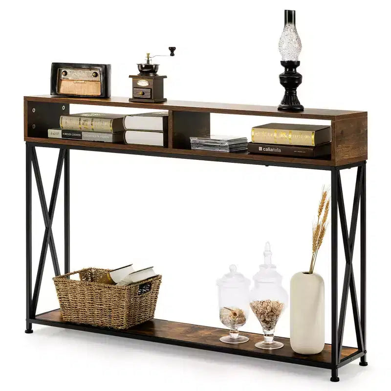 Table console Costway avec étagère ouverte et compartiments de rangement, cadre en acier