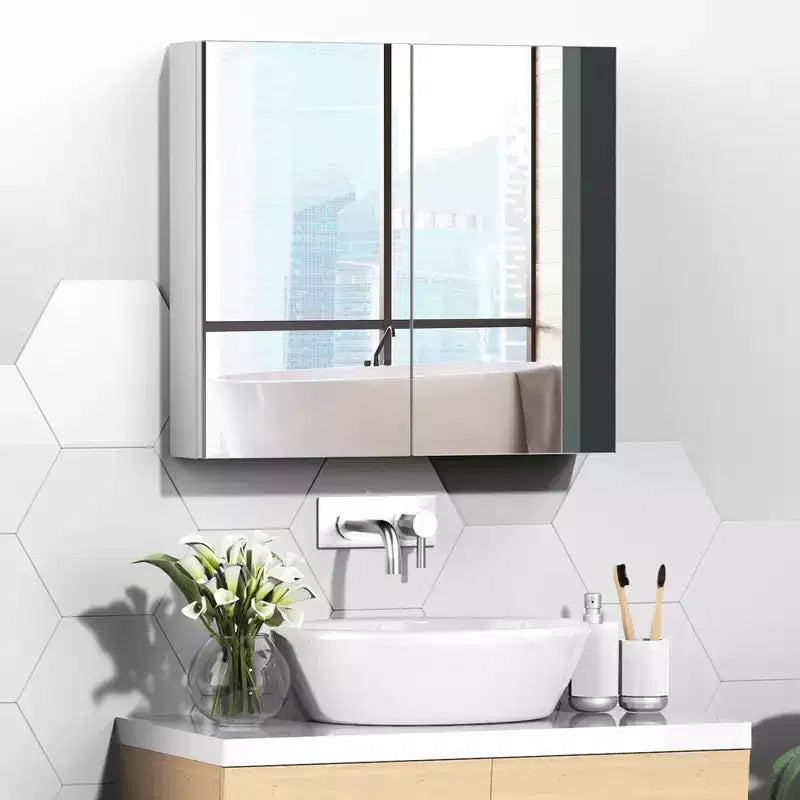 kleankin Armoire de toilette avec miroir, Armoire à pharmacie 24x22 avec cadre en acier, Organisateur de rangement mural avec double portes