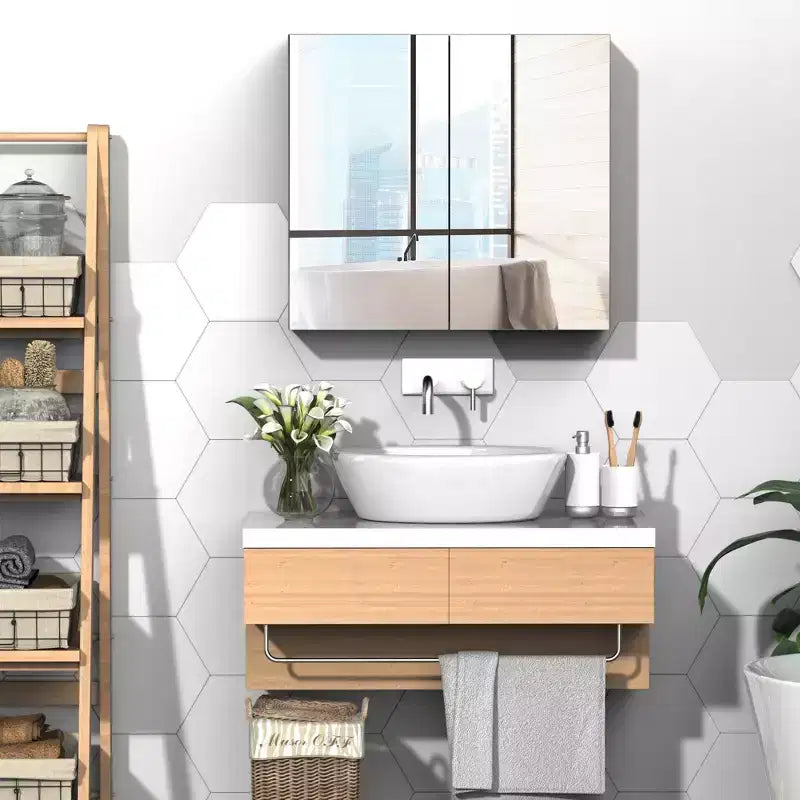 kleankin Armoire de toilette avec miroir, Armoire à pharmacie 24x22 avec cadre en acier, Organisateur de rangement mural avec double portes
