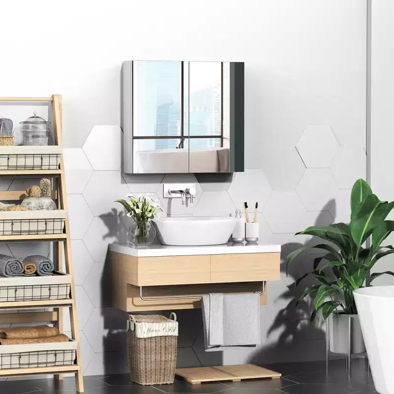 kleankin Armoire de toilette avec miroir, Armoire à pharmacie 24x22 avec cadre en acier, Organisateur de rangement mural avec double portes