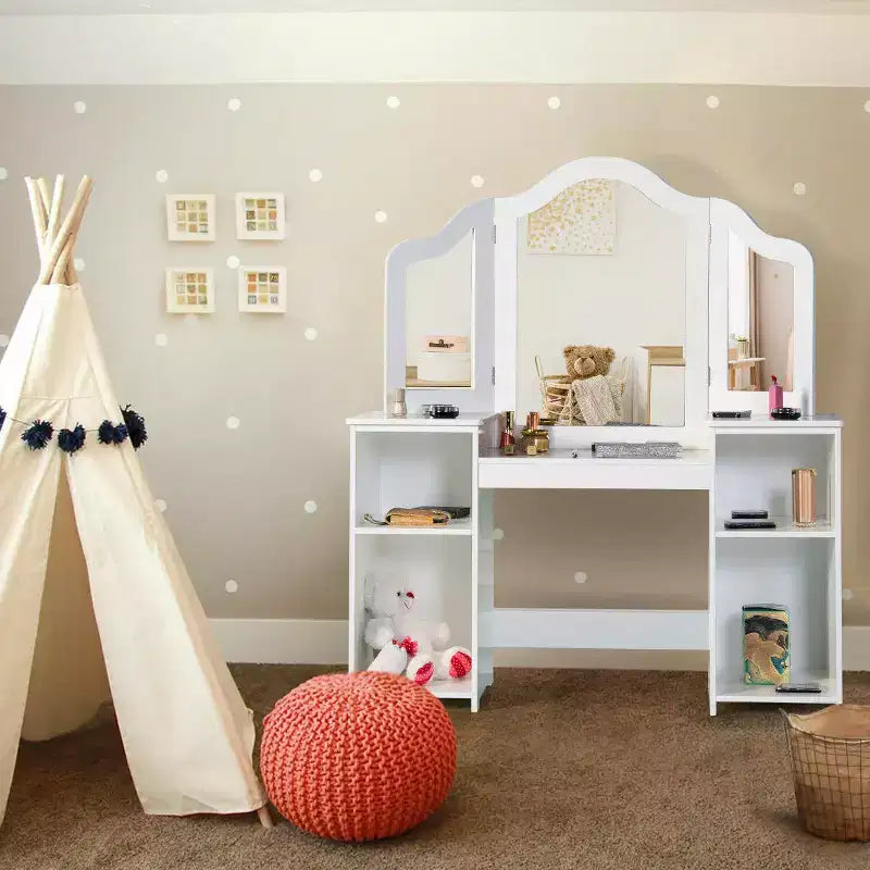 Costway Coiffeuse Maquillage pour Enfants Filles avec Tabouret et Miroir à Trois Volets