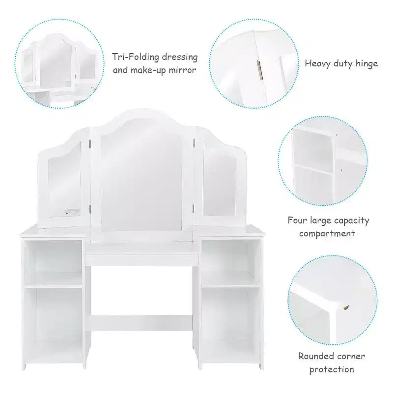 Costway Coiffeuse Maquillage pour Enfants Filles avec Tabouret et Miroir à Trois Volets