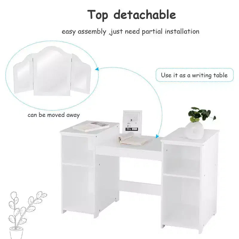Costway Coiffeuse Maquillage pour Enfants Filles avec Tabouret et Miroir à Trois Volets
