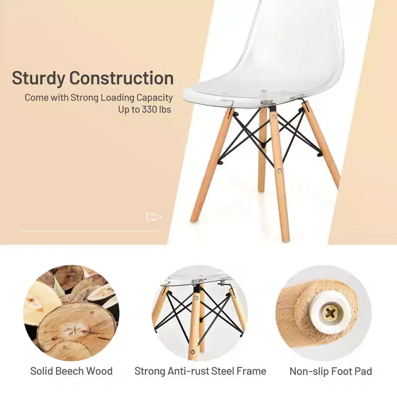 Lot de 4 chaises de salle à manger Costway modernes en plastique avec assise transparente et pieds en bois