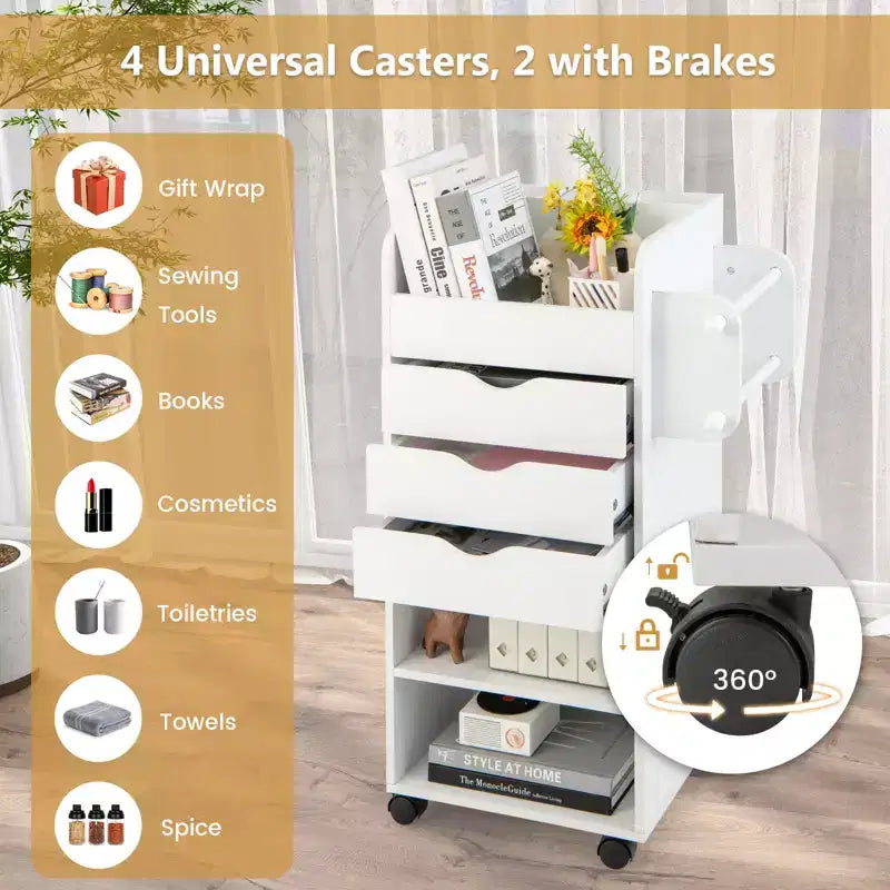 Meuble de rangement pour loisirs créatifs Costway, chariot de service mobile avec tiroirs et étagères, blanc