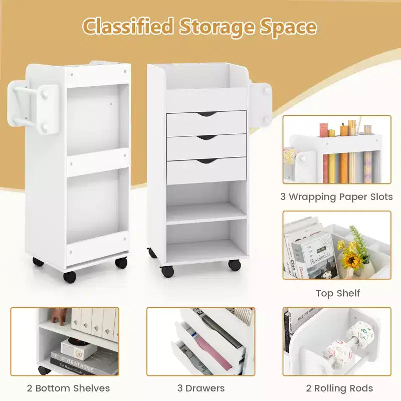 Meuble de rangement pour loisirs créatifs Costway, chariot de service mobile avec tiroirs et étagères, blanc