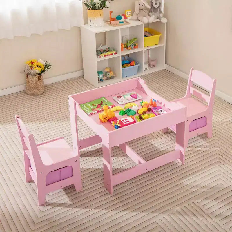 Costway Ensemble table et chaises 3 en 1 en bois pour enfants avec boîte de rangement tableau noir et dessin rose