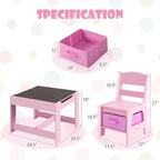 Costway Ensemble table et chaises 3 en 1 en bois pour enfants avec boîte de rangement tableau noir et dessin rose