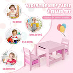 Costway Ensemble table et chaises 3 en 1 en bois pour enfants avec boîte de rangement tableau noir et dessin rose
