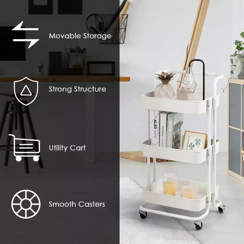 Costway Chariot Roulant à 3 Niveaux avec Roues, Poignée Pratique et Paniers de Rangement en ABS, Blanc
