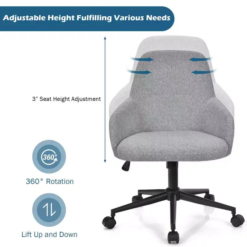 Costway Chaise de bureau en lin avec accoudoirs, réglable et pivotante