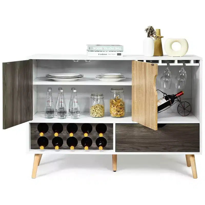 Buffet de cuisine Costway style Mid-Century avec meuble de rangement en bois, porte-bouteilles et porte-verres