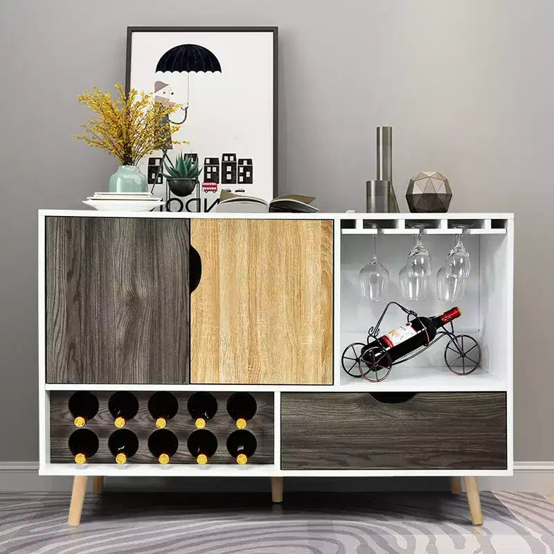 Buffet de cuisine Costway style Mid-Century avec meuble de rangement en bois, porte-bouteilles et porte-verres