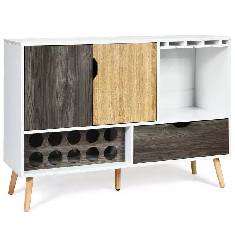 Buffet de cuisine Costway style Mid-Century avec meuble de rangement en bois, porte-bouteilles et porte-verres
